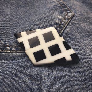 Vintage Plastic Checkered Black + White Diamond Shape Large Funky Brooch